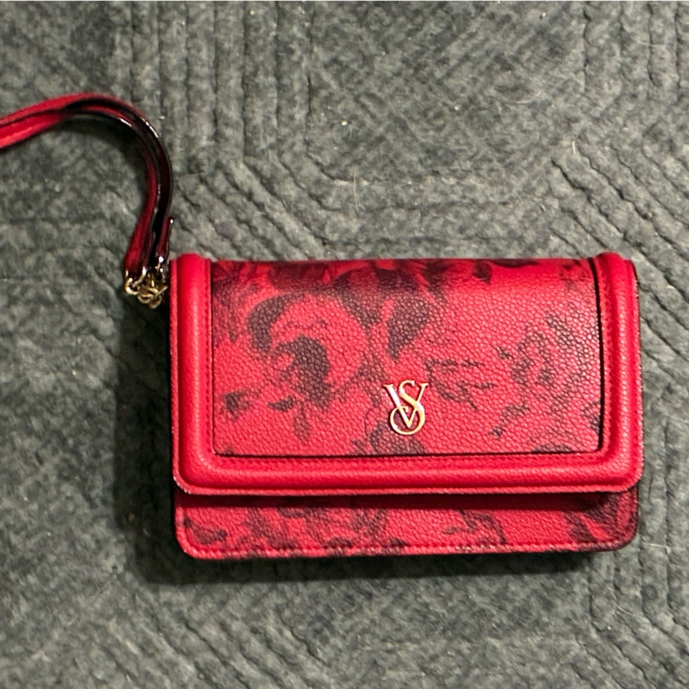 Victoria's Secret Red Floral Wristlet Wallet with Gold VS Emblem